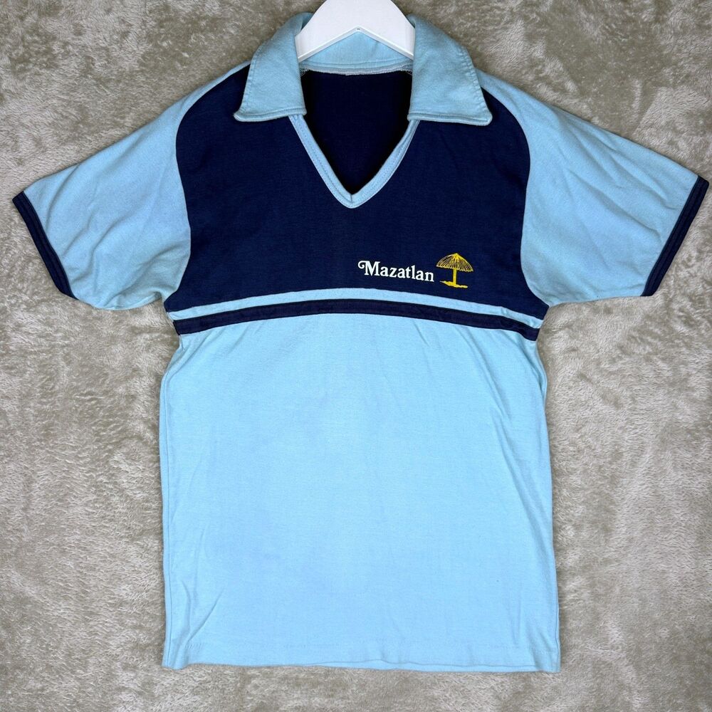 Vtg 70s Mazatlan Shirt Mens Small Buttonless Polo V-Neck Raglan Ringer Futbol